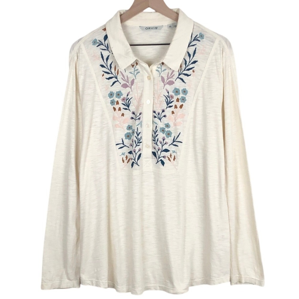 ORVIS Floral Embroidered Slub Knit Long Sleeve Polo Shirt Women's XL Cream Boho